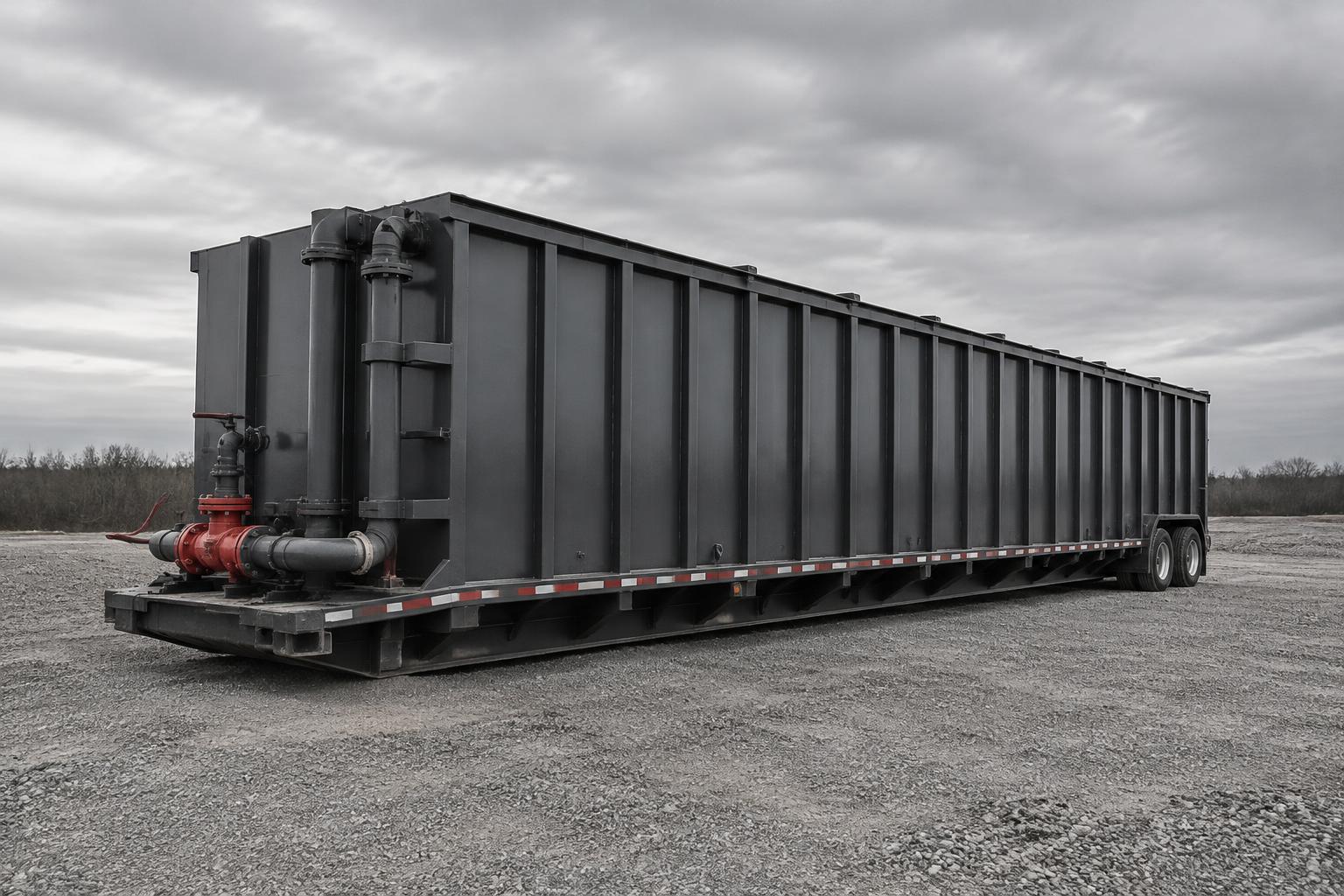 Charcoal-gray steel frac tank with ribbed walls and front discharge valves in an industrial yard
